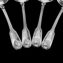 Load image into Gallery viewer, Antique Victorian Set of 4 Solid Silver Sauce Ladles/Spoons &quot;Fiddle Thread &amp; Shell&quot; Pattern - Chawner &amp; Co 1845
