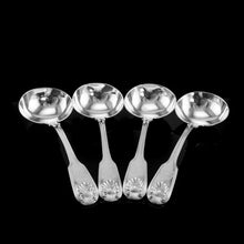 Load image into Gallery viewer, Antique Victorian Set of 4 Solid Silver Sauce Ladles/Spoons &quot;Fiddle Thread &amp; Shell&quot; Pattern - Chawner &amp; Co 1845
