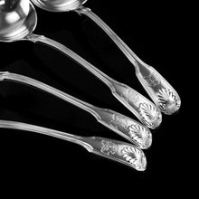 Load image into Gallery viewer, Antique Victorian Set of 4 Solid Silver Sauce Ladles/Spoons &quot;Fiddle Thread &amp; Shell&quot; Pattern - Chawner &amp; Co 1845
