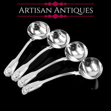 Load image into Gallery viewer, Antique Victorian Set of 4 Solid Silver Sauce Ladles/Spoons &quot;Fiddle Thread &amp; Shell&quot; Pattern - Chawner &amp; Co 1845
