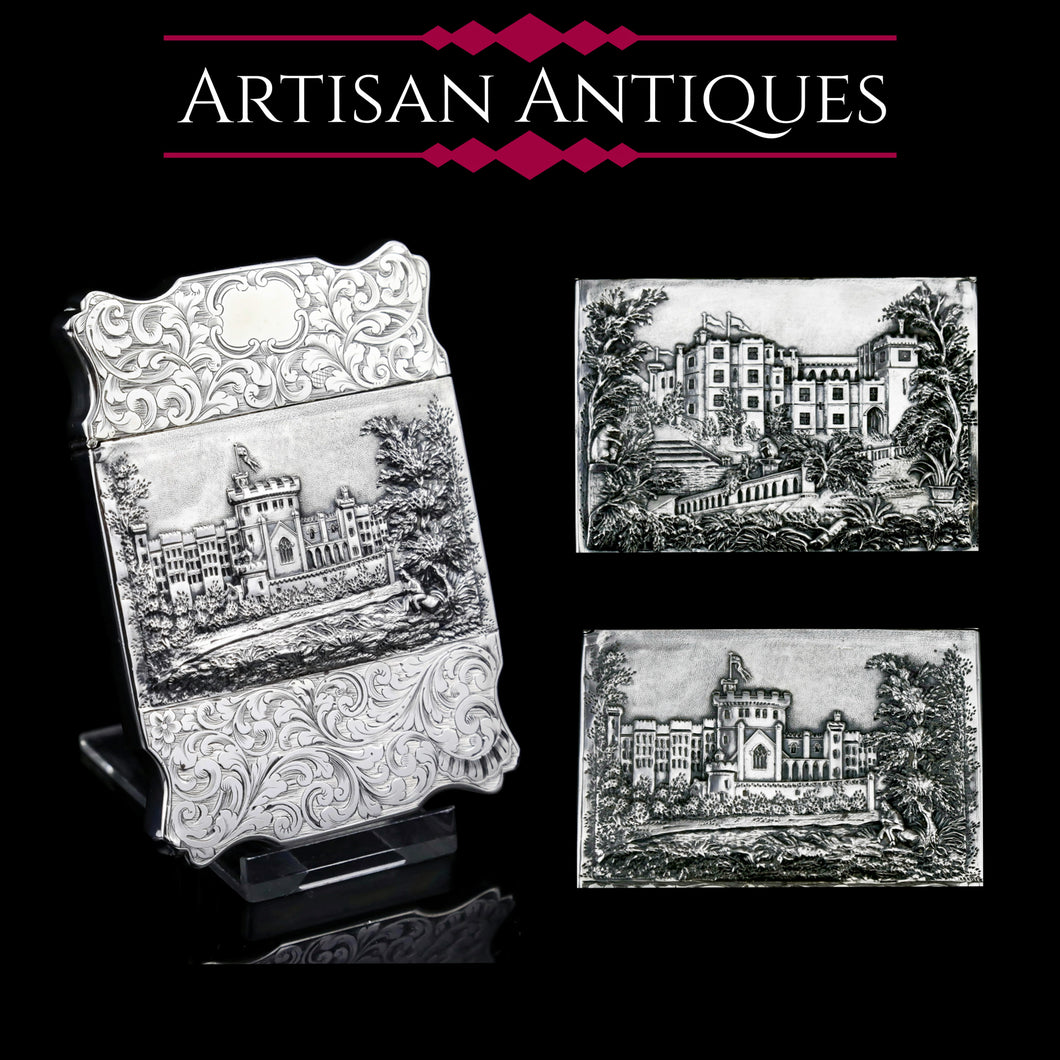 Antique Solid Silver 'Castle Top' Double Sided Card Case Depicting Windsor Castle and Kenilworth Castle - Taylor & Perry 1841