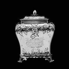 Load image into Gallery viewer, Antique Georgian Solid Sterling Silver Tea Caddy with Floral Embossed Design and Coat of Arms - Daniel Smith &amp; Robert Sharp 1765
