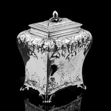 Load image into Gallery viewer, Antique Georgian Solid Sterling Silver Tea Caddy with Floral Embossed Design and Coat of Arms - Daniel Smith &amp; Robert Sharp 1765
