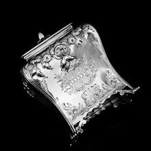 Load image into Gallery viewer, Antique Georgian Solid Sterling Silver Tea Caddy with Floral Embossed Design and Coat of Arms - Daniel Smith &amp; Robert Sharp 1765
