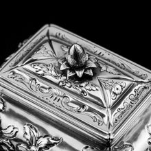 Load image into Gallery viewer, Antique Georgian Solid Sterling Silver Tea Caddy with Floral Embossed Design and Coat of Arms - Daniel Smith &amp; Robert Sharp 1765

