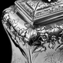 Load image into Gallery viewer, Antique Georgian Solid Sterling Silver Tea Caddy with Floral Embossed Design and Coat of Arms - Daniel Smith &amp; Robert Sharp 1765
