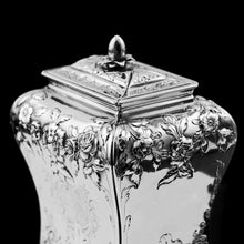 Load image into Gallery viewer, Antique Georgian Solid Sterling Silver Tea Caddy with Floral Embossed Design and Coat of Arms - Daniel Smith &amp; Robert Sharp 1765
