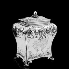 Load image into Gallery viewer, Antique Georgian Solid Sterling Silver Tea Caddy with Floral Embossed Design and Coat of Arms - Daniel Smith &amp; Robert Sharp 1765
