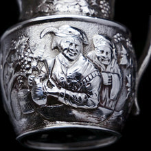 Load image into Gallery viewer, Antique Victorian Solid Silver Milk Jug/Pitcher with Figural Tavern Scene - Thomas Smily 1876 - Artisan Antiques

