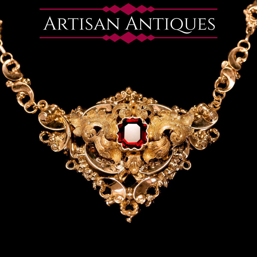 Antique Victorian 18K Gold Garnet Necklace in Baroque Revival Style - c.1840