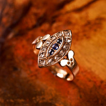 Load image into Gallery viewer, Stylish Antique Victorian 15K Sapphire and Diamond Navette Ring - 1893
