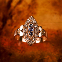 Load image into Gallery viewer, Stylish Antique Victorian 15K Sapphire and Diamond Navette Ring - 1893
