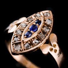 Load image into Gallery viewer, Stylish Antique Victorian 15K Sapphire and Diamond Navette Ring - 1893
