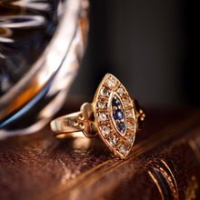 Load image into Gallery viewer, Stylish Antique Victorian 15K Sapphire and Diamond Navette Ring - 1893
