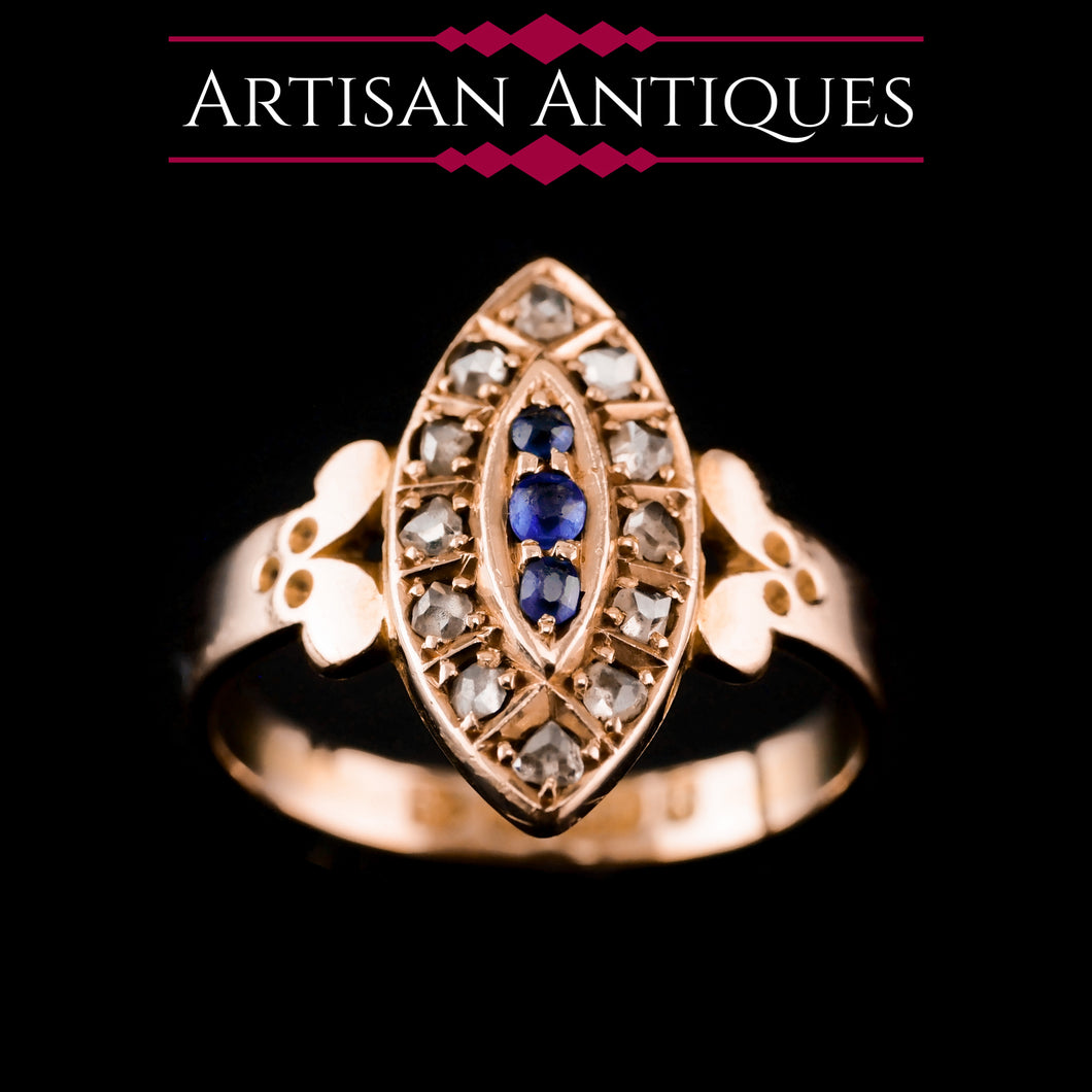 Stylish Antique Victorian 15K Sapphire and Diamond Navette Ring - 1893
