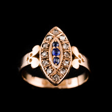 Load image into Gallery viewer, Stylish Antique Victorian 15K Sapphire and Diamond Navette Ring - 1893
