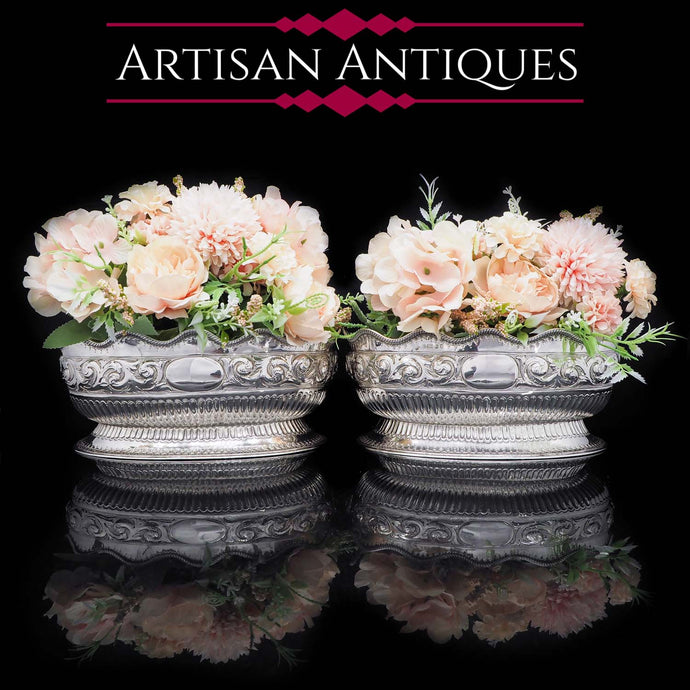 A Unique Pair of Solid Silver Oblong Shaped Bowls - Martin, Hall & Co 1881 - Artisan Antiques