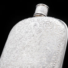 Load image into Gallery viewer, A Spectacular Solid Silver Hip Flask With Ornate Engraved Design - Edward Smith 1845 - Artisan Antiques
