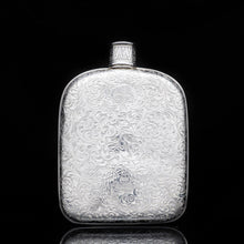 Load image into Gallery viewer, A Spectacular Solid Silver Hip Flask With Ornate Engraved Design - Edward Smith 1845 - Artisan Antiques
