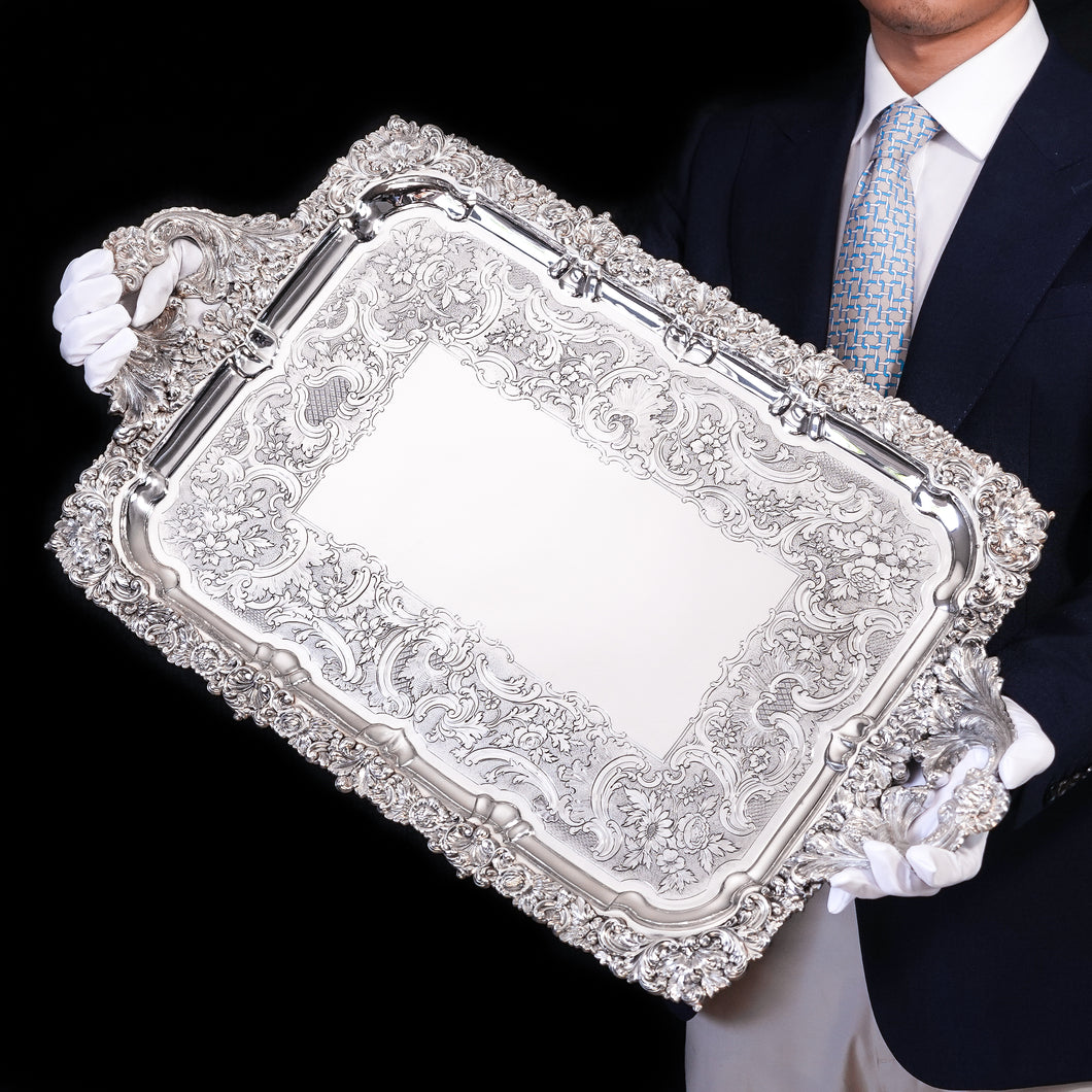 Magnificent Antique Solid Silver Georgian Tray / Salver (70cm) with Chased Border - William Marshall, 1828