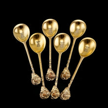 Load image into Gallery viewer, Antique Victorian Solid Silver Gilt Set of 6 Spoons in Naturalistic Leaf Design - Francis Higgins 1875
