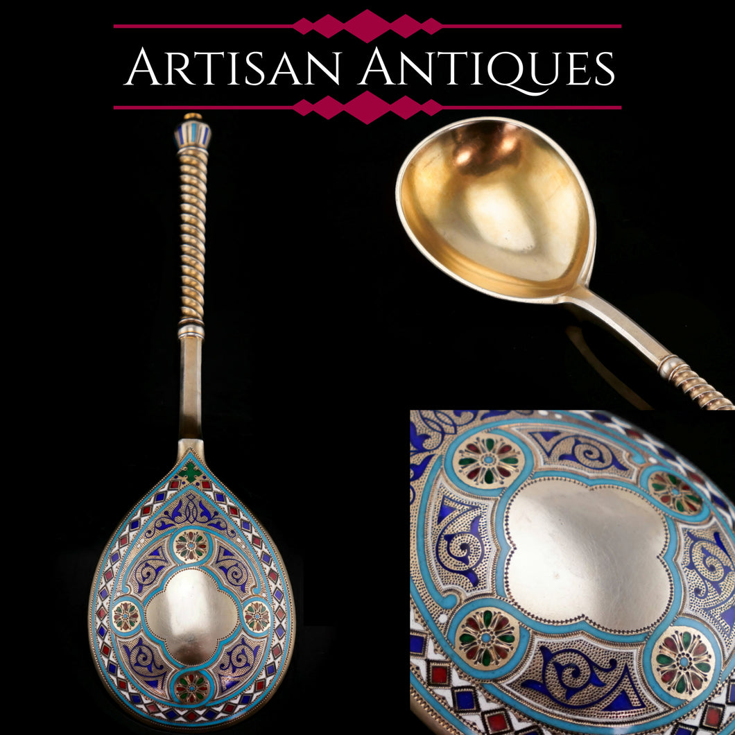 A Large Imperial Russian Solid Silver Enamel Champleve Spoon - Ivan Khlebnikov