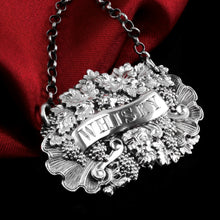 Load image into Gallery viewer, Antique Solid Silver Wine/Whisky Decanter Label with Bacchus &amp; Vine Motifs - Taylor &amp; Perry 1840

