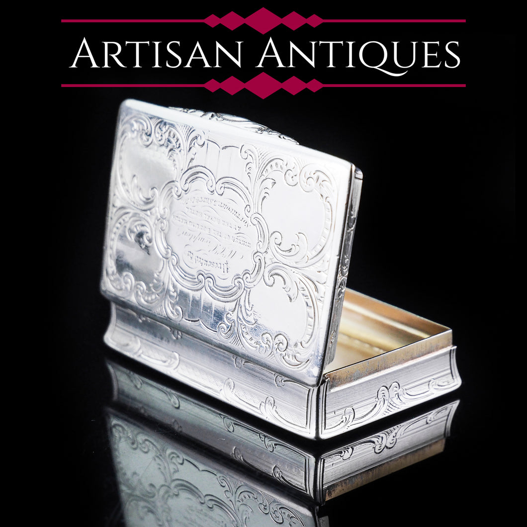 Antique  Table Silver Snuff Box with Hand Engraved Scrolls - Victorian 1850 - Artisan Antiques