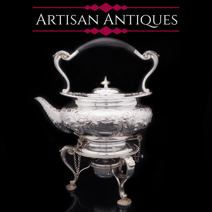Antique Solid Silver Kettle with Ornate Chased Motifs - Elkington & Co. 1904 - Artisan Antiques