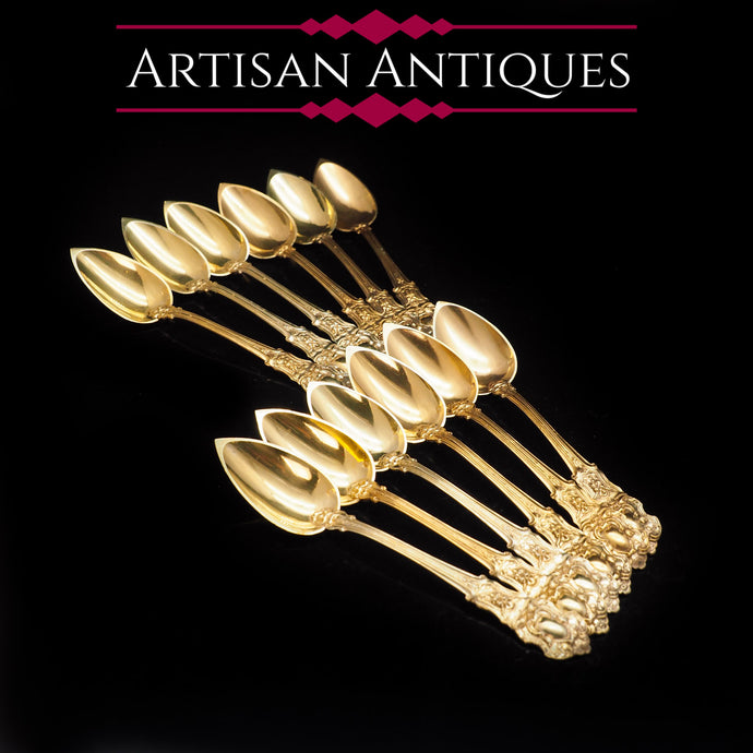 Magnificent Antique Vermeil (Silver Gilt) French Teaspoons - Boxed Set of 12 - Artisan Antiques