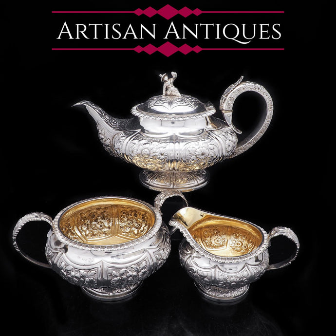 Georgian Solid Silver 3-Piece Chased Tea Set Chinoiserie Interest - Robert Peppin 1824 - Artisan Antiques