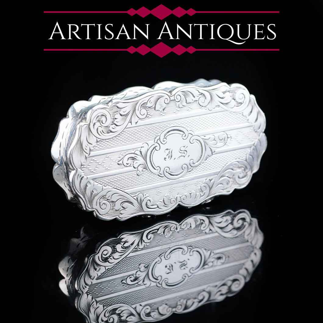 Antique Victorian Silver Snuff Box with Hand Engraved Acanthus Motifs - 1849 - Artisan Antiques