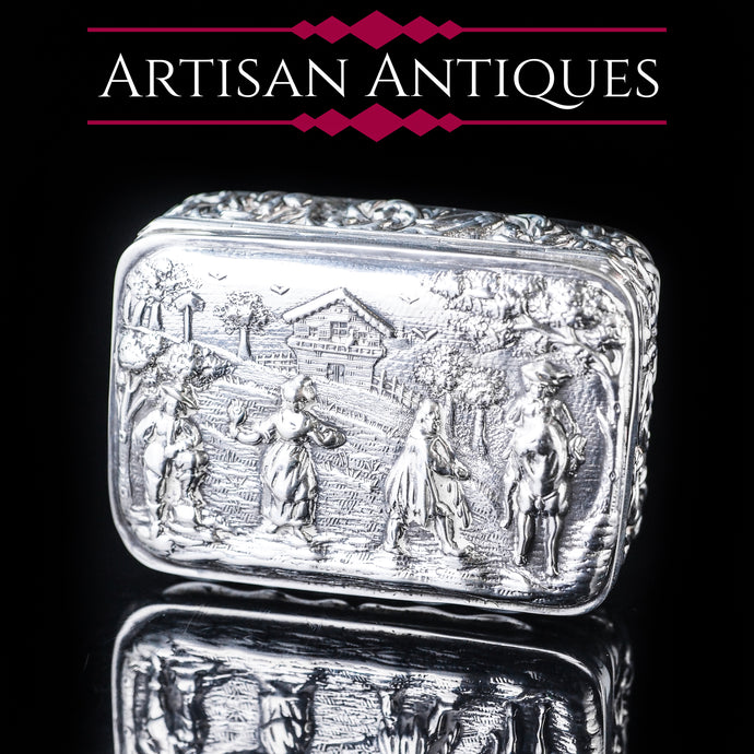 Antique High Relief Silver Snuff Box with Country Scene - Thomas Hayes 1897 - Artisan Antiques