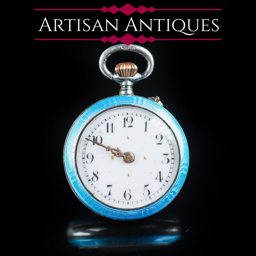 Antique Blue Silver Guilloche Enamel Clock - London Import Edwardian - Artisan Antiques