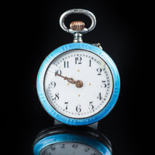 Load image into Gallery viewer, Antique Blue Silver Guilloche Enamel Clock - London Import Edwardian - Artisan Antiques
