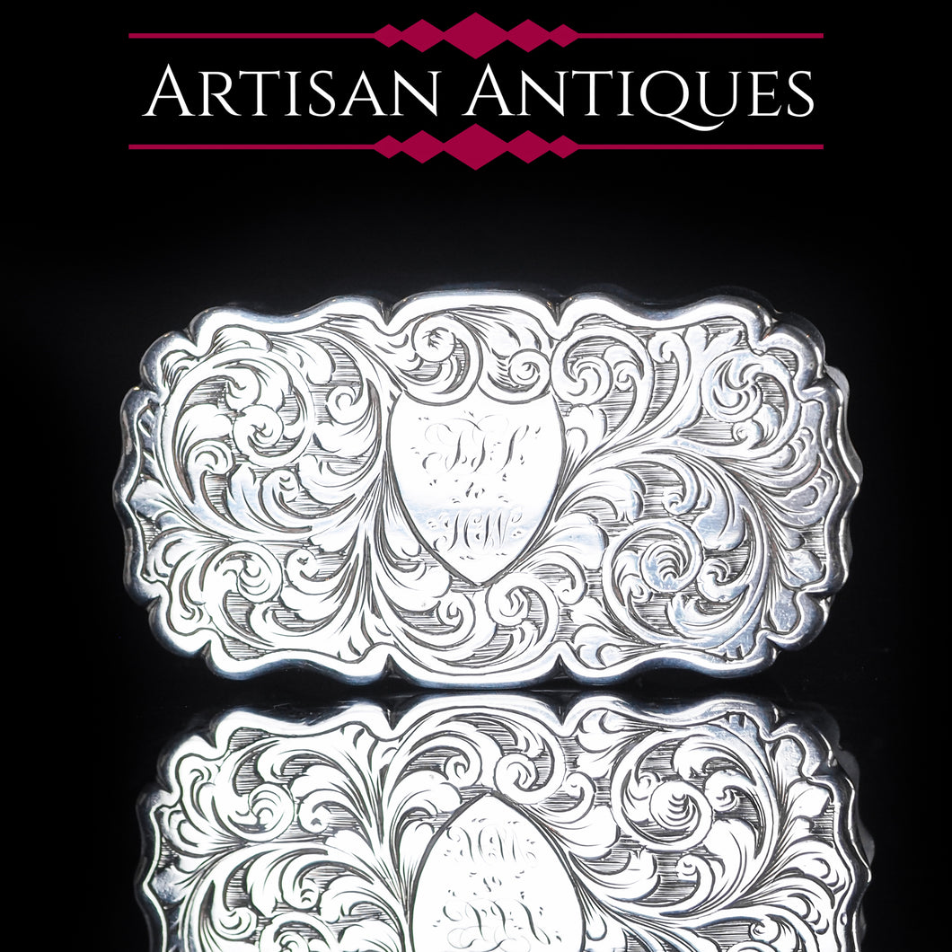 Antique Victorian Silver Hand Engraved Snuff / Vinaigrette Box by Hilliard & Thomason - 1850 - Artisan Antiques