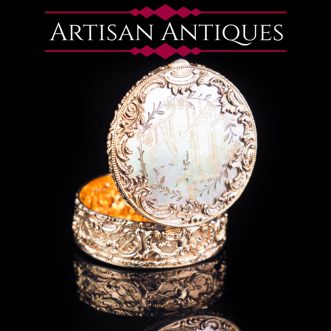 Antique German Gold Plated Solid Silver & Mother of Pearl Circular Pill Box - 19th C - Artisan Antiques
