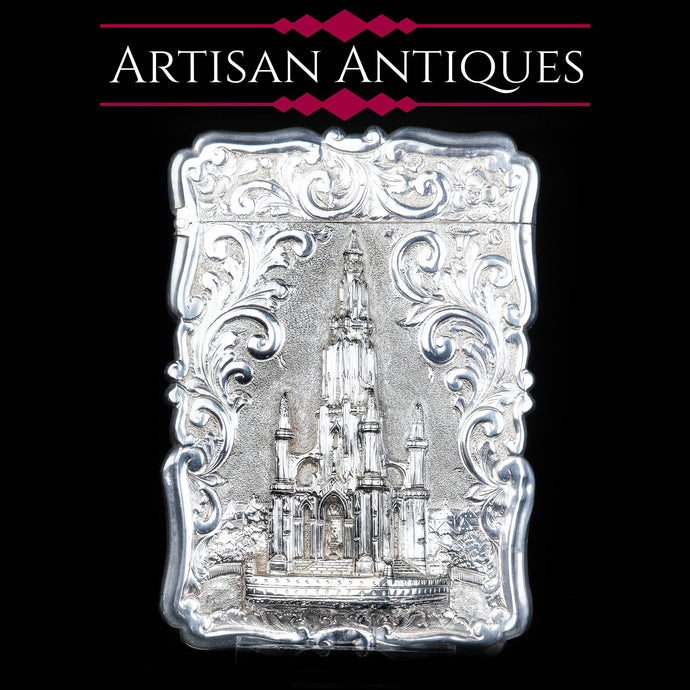 Victorian Scott Monument Castle Top Silver Card Case - Frederick Marson 1856 - Artisan Antiques