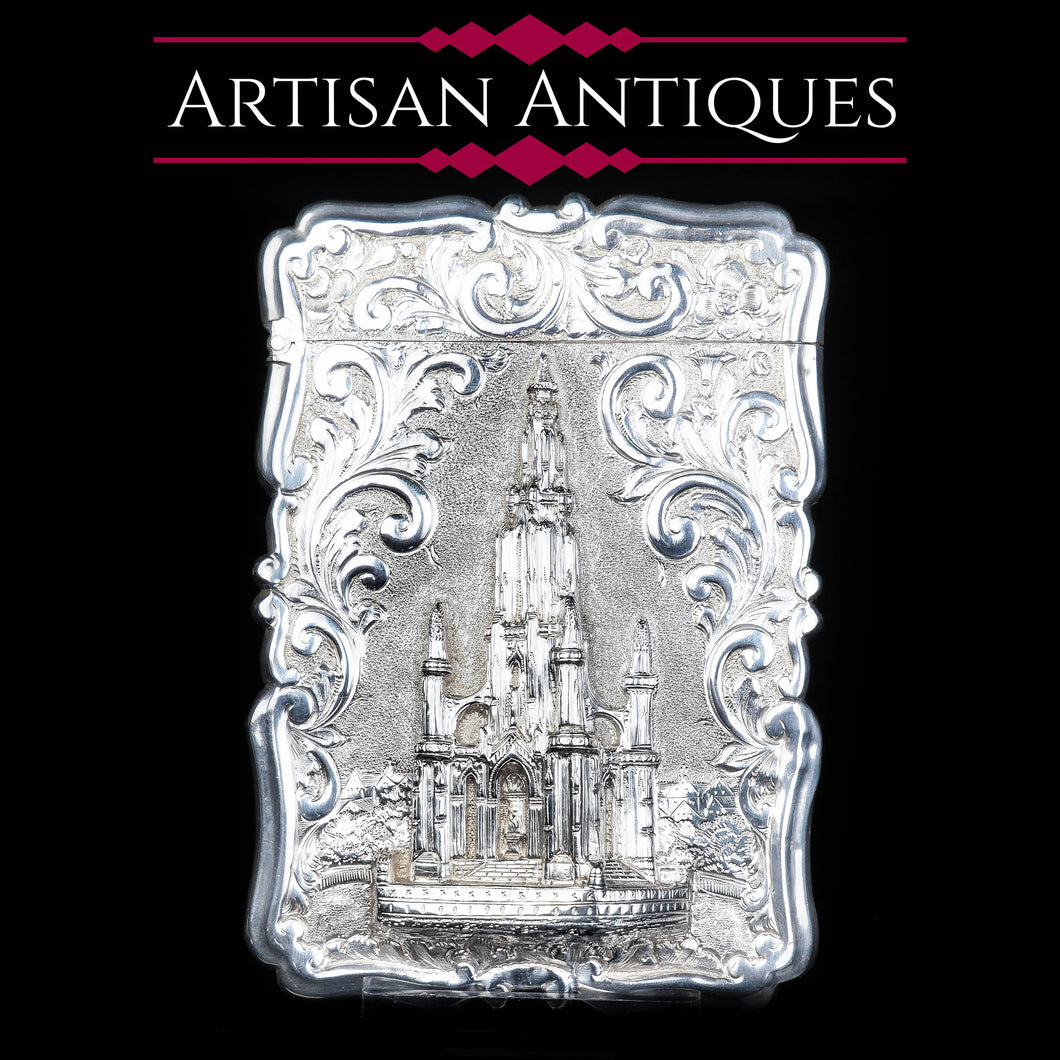 Victorian Scott Monument Castle Top Silver Card Case - Frederick Marson 1856 - Artisan Antiques