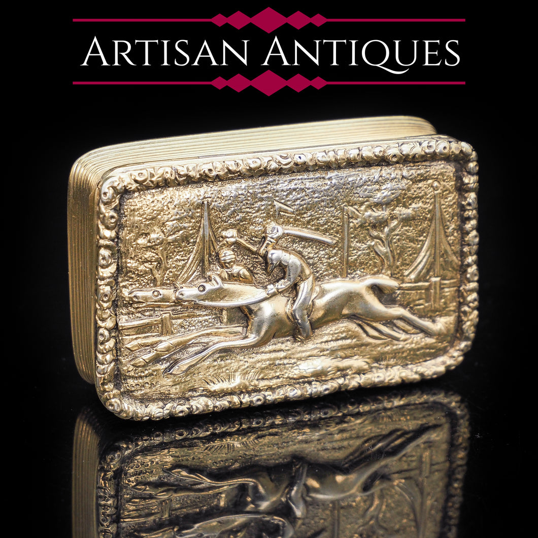 Silver Gilt Snuff Box with High Relief Horse Riding Design - Joseph Willmore 1836 - Artisan Antiques