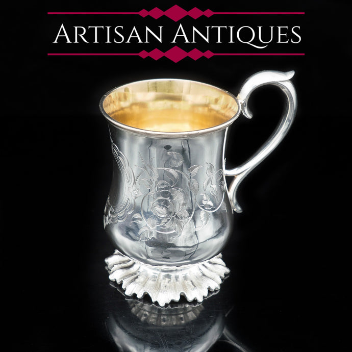 Antique Silver Victorian Mug with Floral Stippled Foot - Edward Ker Reid 1856 - Artisan Antiques