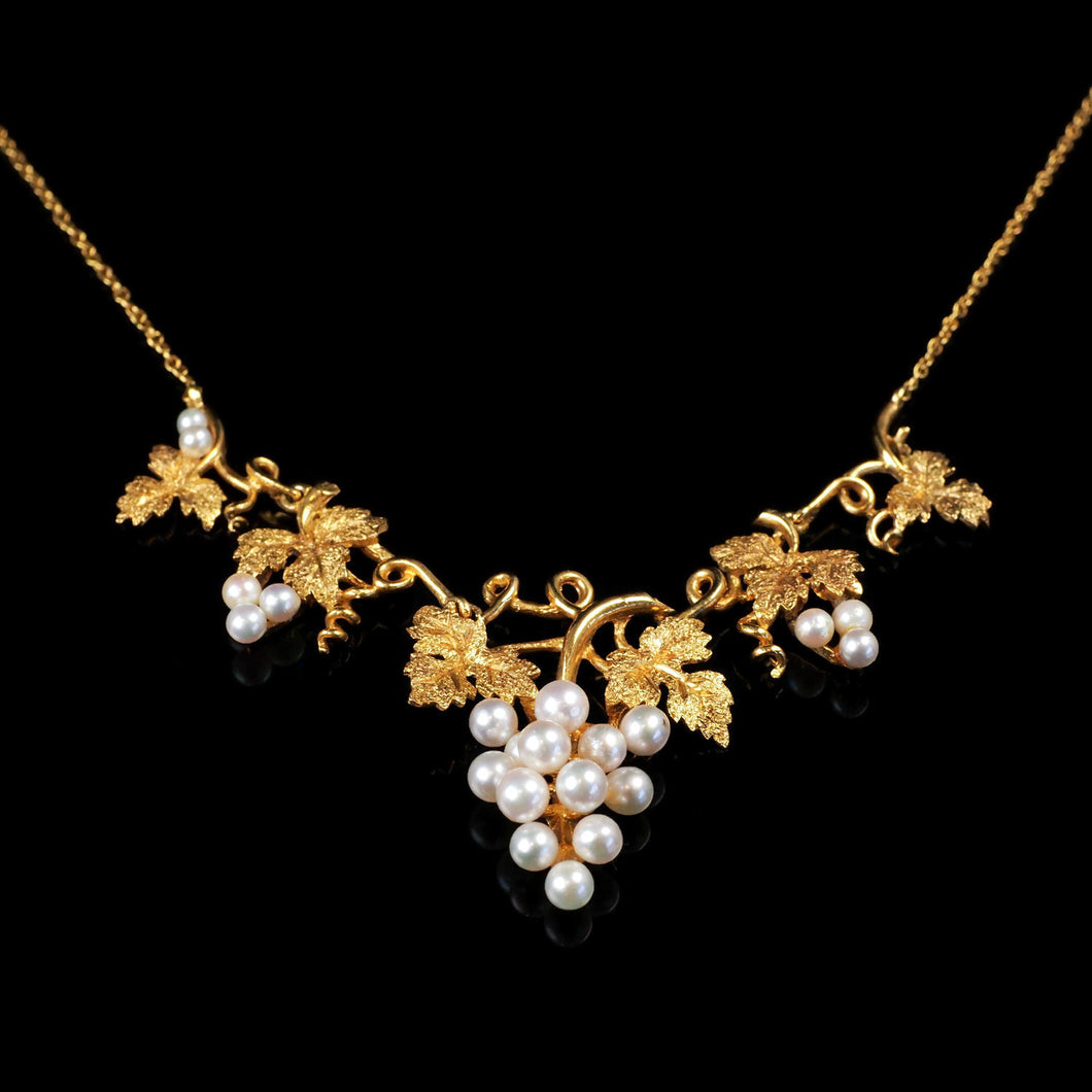 A Stunning Antique Gold & Pearl Vine Leaf Necklace