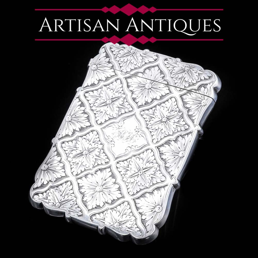 Victorian Silver Card Case with Spectacular Bright Cut Engravings -David Pettifer 1848 - Artisan Antiques