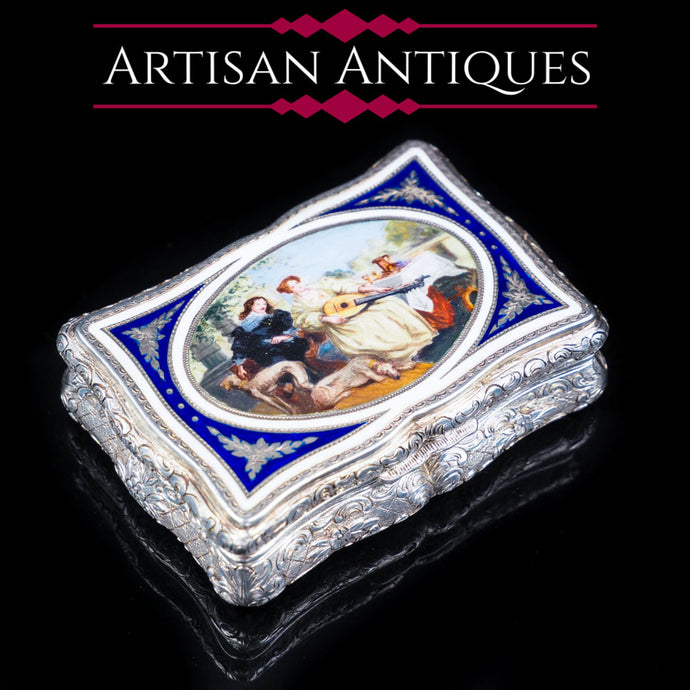 Antique Solid Silver Table Snuff Box with Hand Painted Enamel Scene - 19th Century - Artisan Antiques