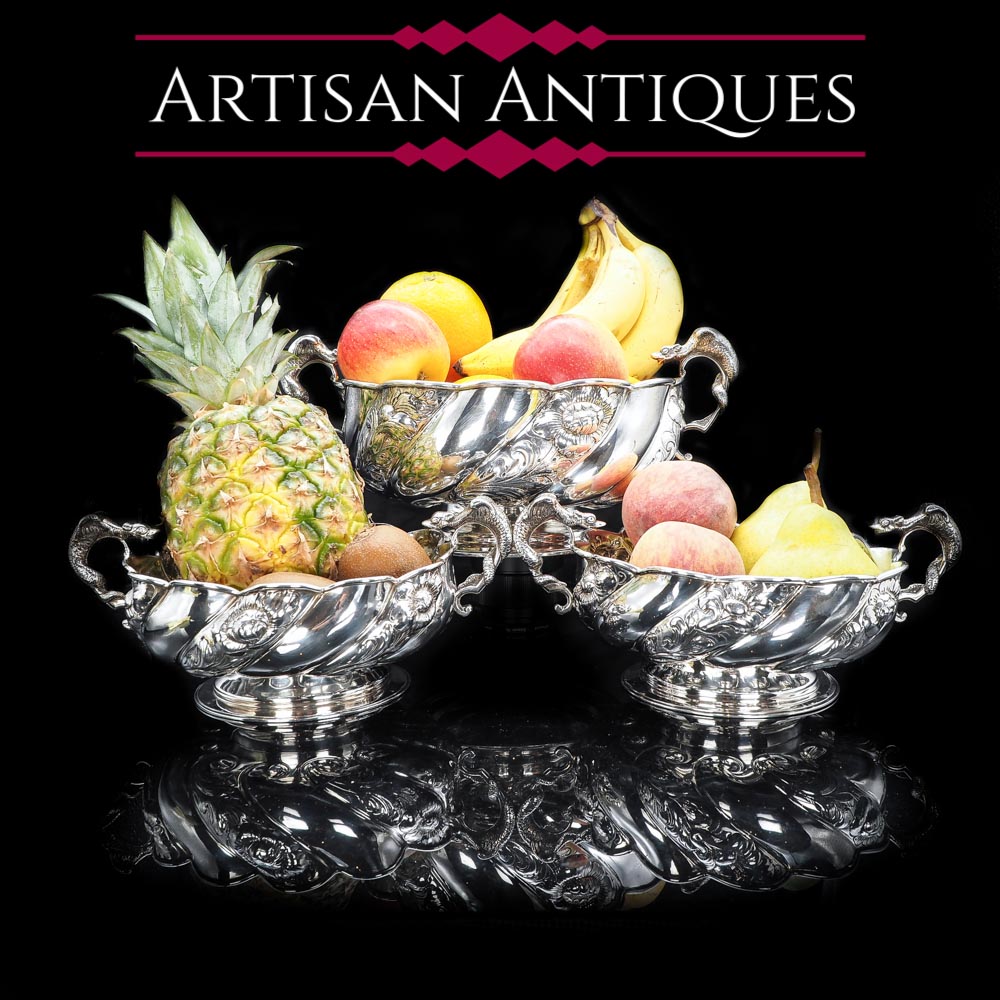 Magnificent Solid Silver Centerpiece Fruit Bowls | Royal Suppliers - Carrington & Co 1890 - Artisan Antiques