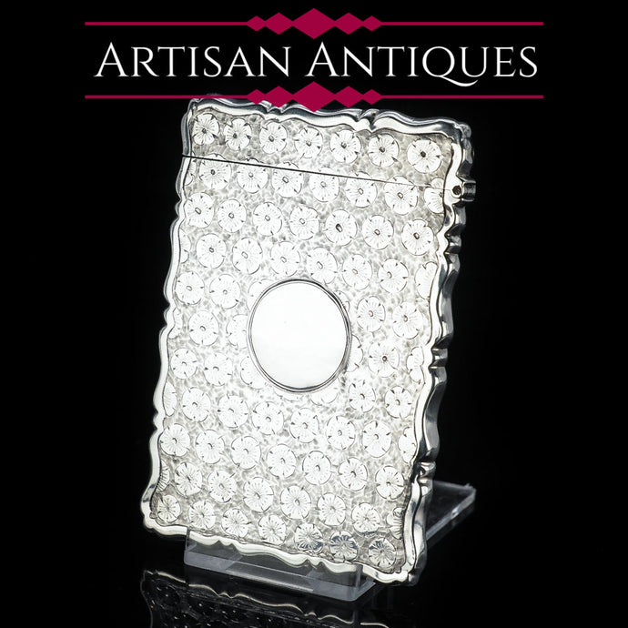 Antique Victorian Silver Card Case with Unique Floral Motif - George Unite 1885 - Artisan Antiques