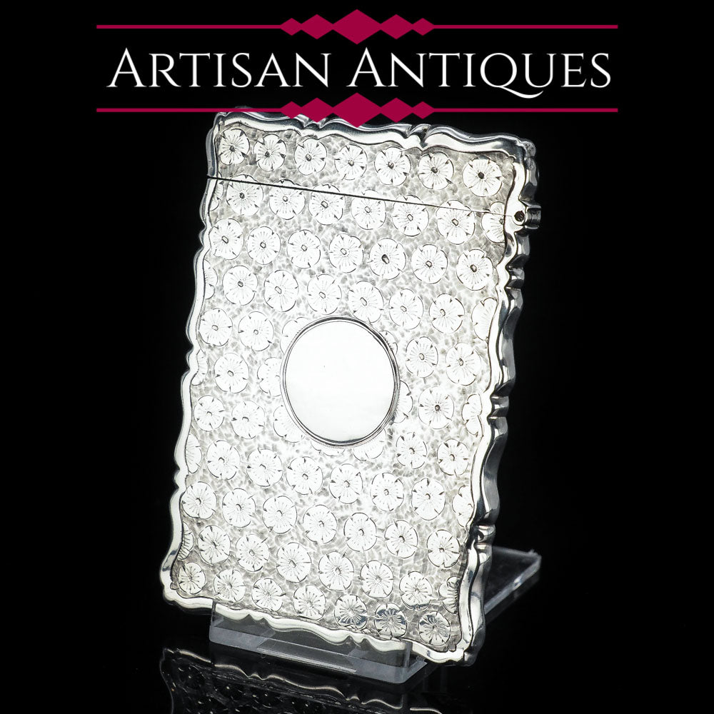 Antique Victorian Silver Card Case with Unique Floral Motif - George Unite 1885 - Artisan Antiques