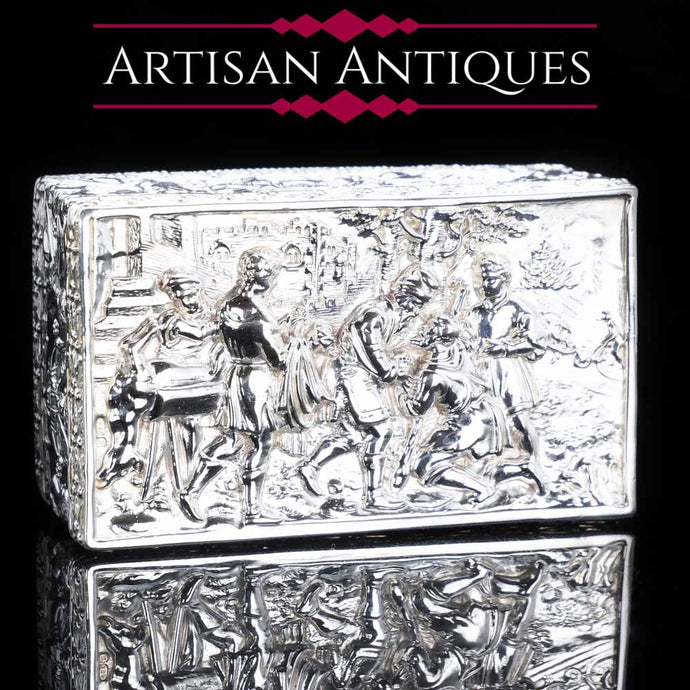 Raised Scenic Silver Table Snuff Box with Gilt Interior - Berthold Muller - Artisan Antiques
