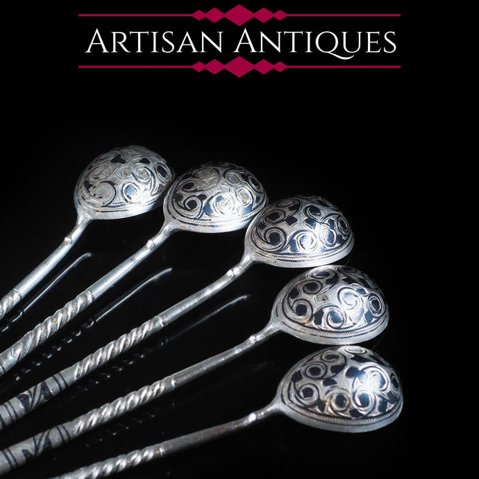 Antique Imperial Russian Silver Niello Spoons - Set of 5 c.1850 - Artisan Antiques