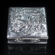 Load image into Gallery viewer, English Solid Silver Square Table Snuff Box with Repousse &amp; Gold Gilt - Artisan Antiques
